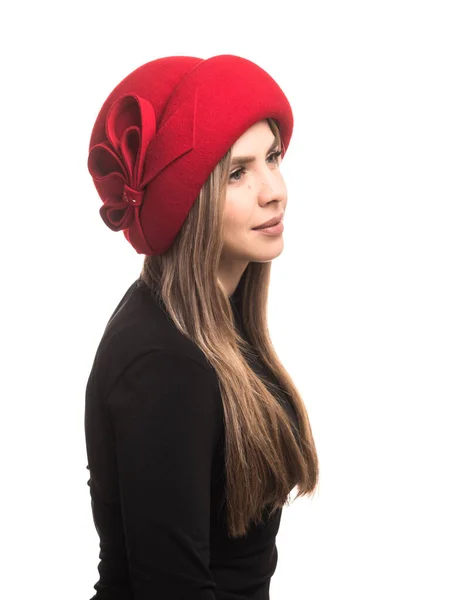 Девушка Изящной Красной Войлочной Шляпе — стоковое фото