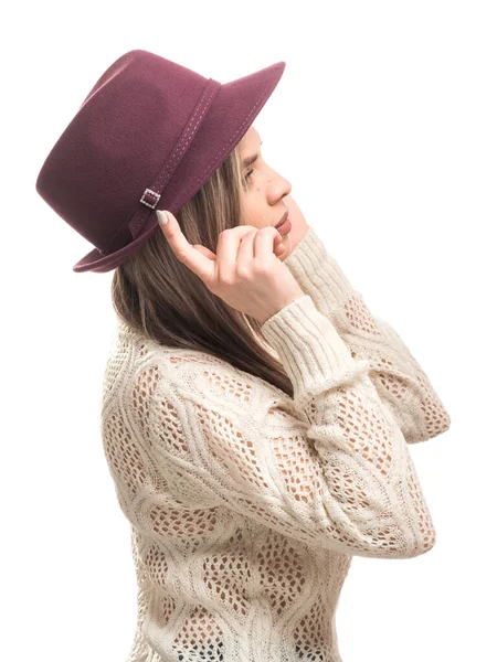 Fille Dans Chapeau Feutre Pull Tricoté — Photo