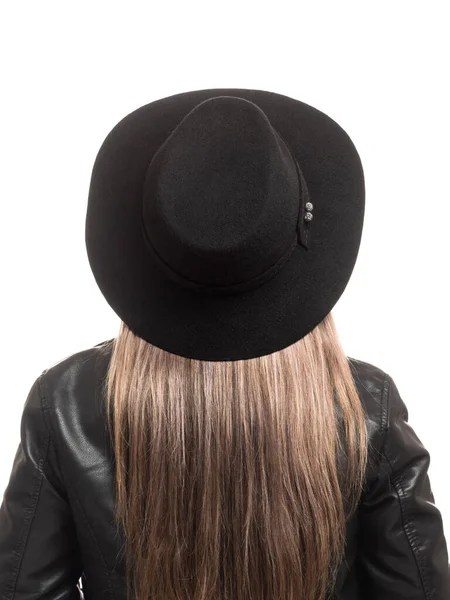 Γυναίκα Μαύρο Τσόχινο Καπέλο Και Δερμάτινο Μπουφάν — Φωτογραφία Αρχείου