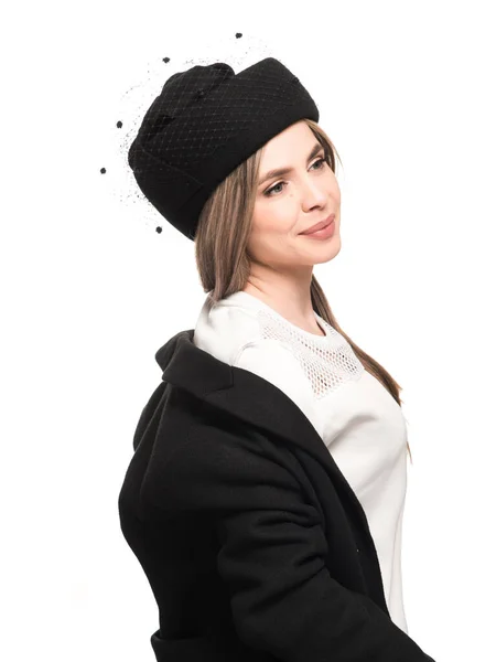 Girl Black Felt Hat Veil — Stock Photo, Image