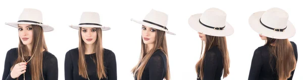 Mädchen Mit Eleganter Filzkopfbedeckung Auf Weißem Hintergrund — Stockfoto