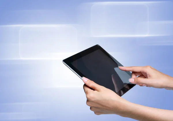 Hand touch screen on tablet pc with icons — Stock Photo, Image