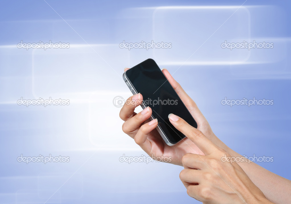 Hand touch screen to smartphone with icons