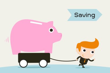 Saving , man pulling Piggy coin bank