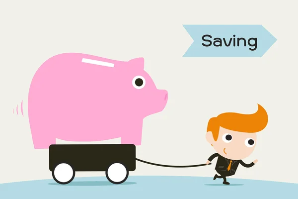 Saving , man pulling Piggy coin bank — Stock Vector