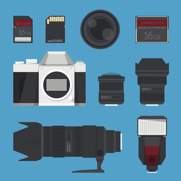 DSLR ψηφιακή φωτογραφική μηχανή εξαρτήματα. — Διανυσματικό Αρχείο
