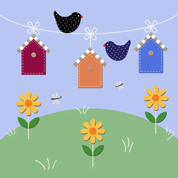 Starlings fly over houses. — Stock Vector
