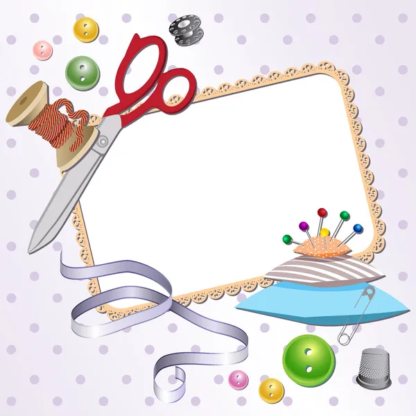 Frame with scissors, a pillow, a pin, buttons, threads. — Stock Vector