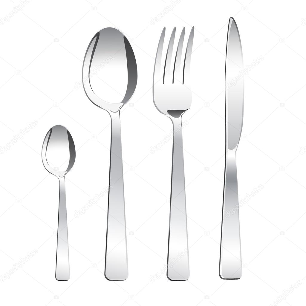 Tea spoon, spoon, fork and knife on white background.