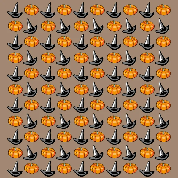 Halloween background. Hats and pumpkins on brown background. — Stock Vector