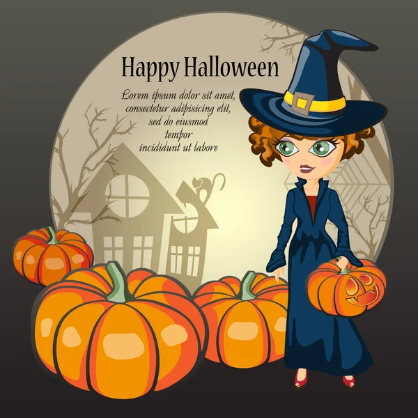 Card with Halloween Background with witch in a hat and pumpkins. — Stock Vector