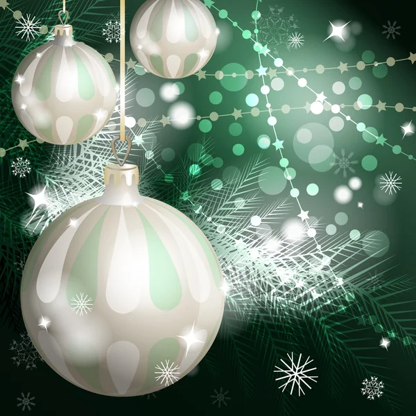Tema Año Nuevo. Tarjeta con esferas de Año Nuevo, serpentina y confeti sobre fondo verde . — Vector de stock
