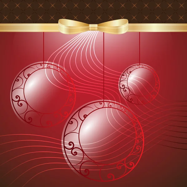 Thème du Nouvel An. Carte avec sphères du Nouvel An, ruban d'or et arc d'or sur fond rouge . — Image vectorielle