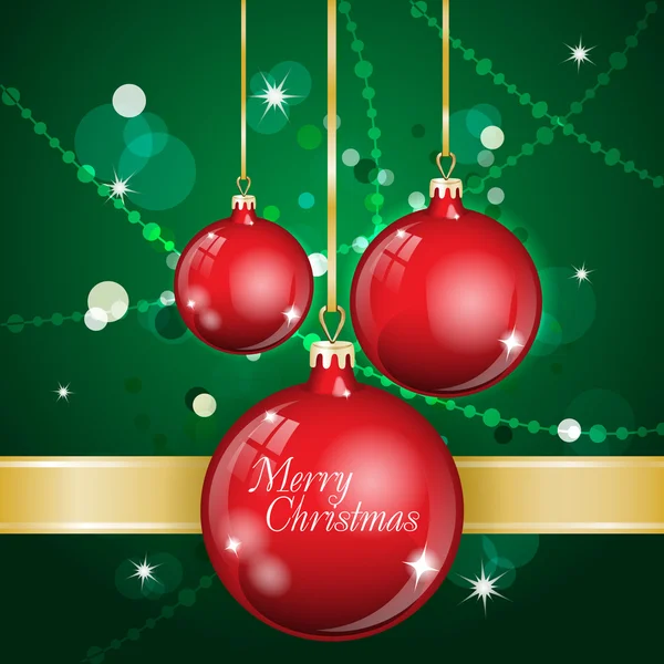 Thème du Nouvel An. Carte avec sphères rouges du Nouvel An, ruban d'or et confettis sur fond vert . — Image vectorielle