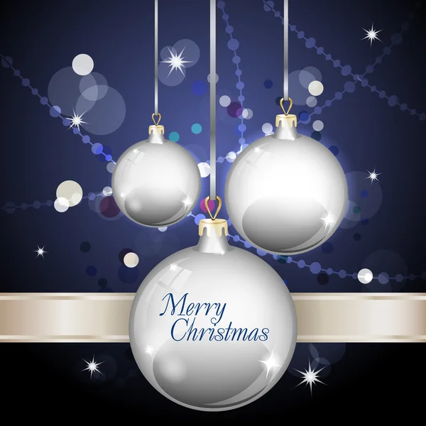 Tema di Capodanno. Biglietto con sfere bianche di Capodanno, nastro argentato e coriandoli su sfondo blu . — Vettoriale Stock