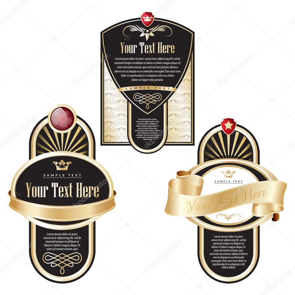 Set of black ornate labels with Gold Tapes on white background.