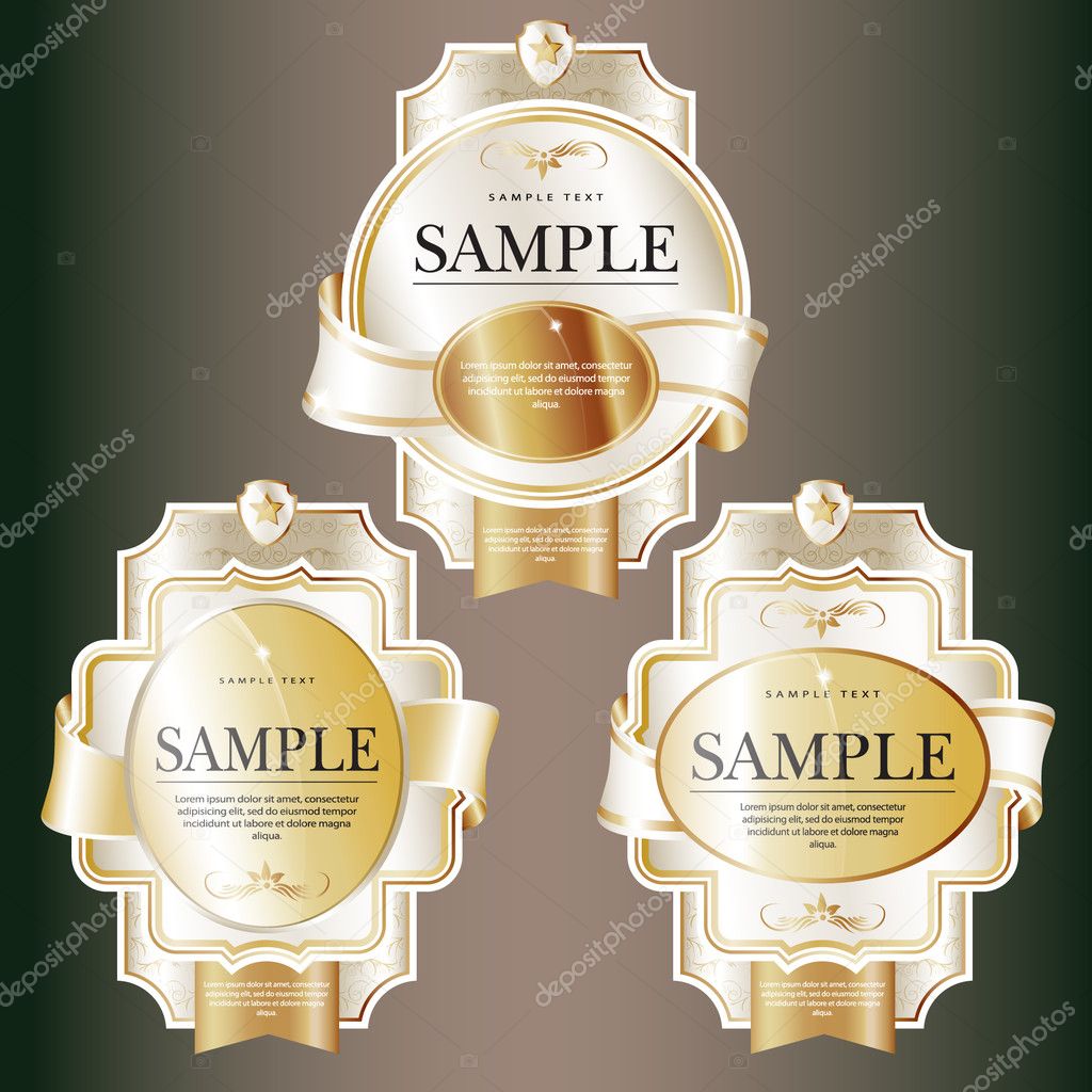Set of white ornate labels with Gold Tapes.