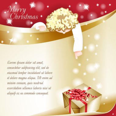 Yeni yıl tema. bir melek ve hediye kutuları ile Noel kartı. kırmızı bir arka plan.