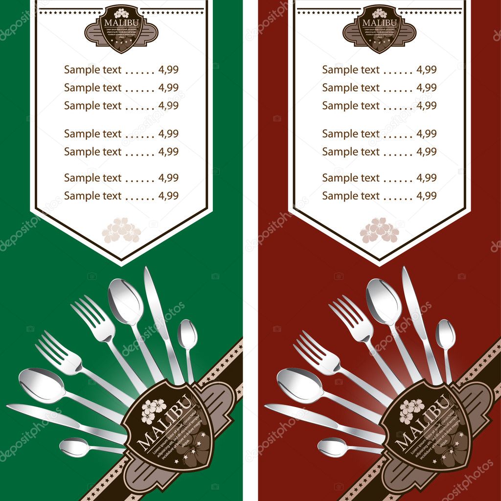 Two variants restaurant menu design on green and on dark red background.