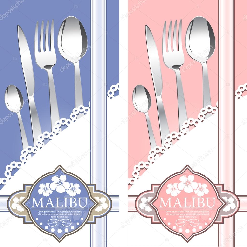 Two variants restaurant menu design on blue and on pink background.