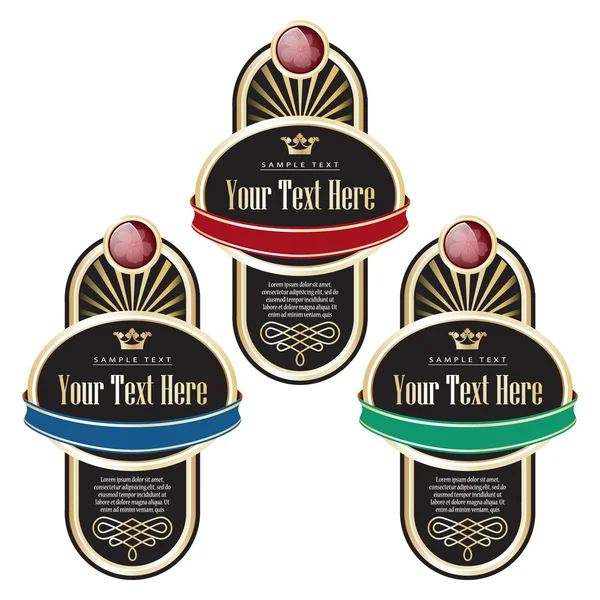 Set of black ornate labels with red, blue and green ribbon. — Stock Vector