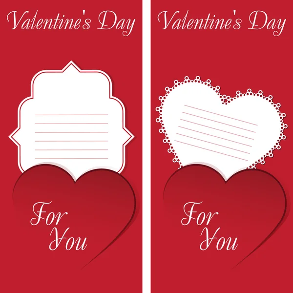 St. valentine's day. twee kaarten met rood hart op rode achtergrond. — Stockvector