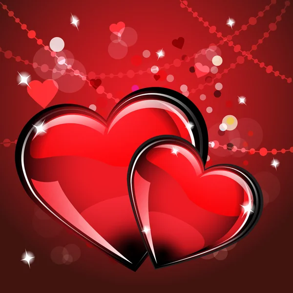 Día de San Valentín. Tarjeta con dos corazones rojos de cristal en el fondo maravilloso . — Archivo Imágenes Vectoriales