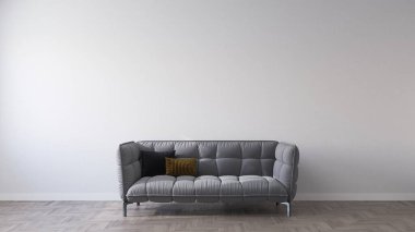 Oturma odasındaki modern kanepe. 3B canlandırıcı.