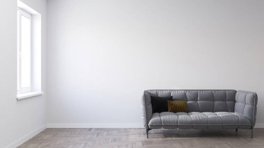 Oturma odasındaki modern kanepe. 3B canlandırıcı.