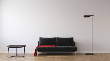 Oturma odasındaki modern kanepe. 3B canlandırıcı.