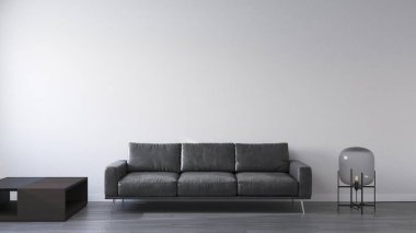 Oturma odasındaki modern kanepe. 3B canlandırıcı.