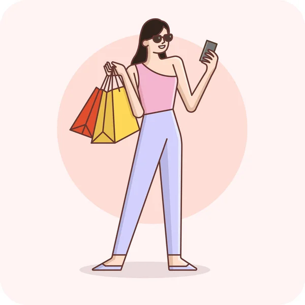 Женщина Покупки Онлайн Смартфоном Векторный Дизайн Изолированный Фон — стоковый вектор