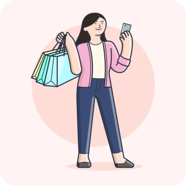 Akıllı telefon, vektör tasarımı ve izole edilmiş arka plan ile çevrimiçi alışveriş yapan kadın.