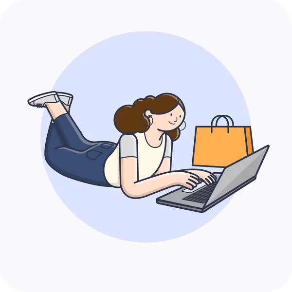 Женщина Покупки Онлайн Ноутбуком Активность Персонажа Векторный Дизайн Изолированный Фон — стоковый вектор