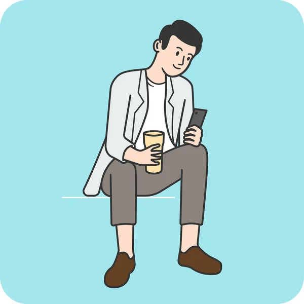 Man Sitting Relaxing Using Smartphone Holding Cup Coffee Character Activity — Stock Vector