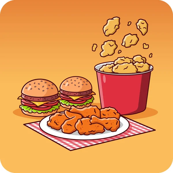 Fast food seti kızarmış tavuk kanatları ve bir burger, vektör tasarımı ve izole edilmiş arka plan içerir..