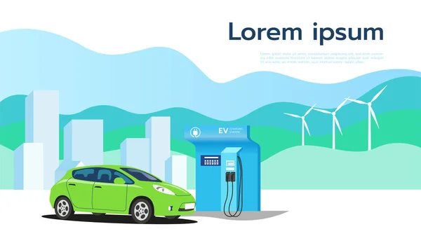 Coches Eléctricos Estacionados Para Cargar Baterías Las Estaciones Energía Limpia — Archivo Imágenes Vectoriales