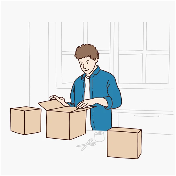Людина Упаковка Коробки Доставки Товарів Клієнтам Векторний Дизайн Ілюстрація — стоковий вектор