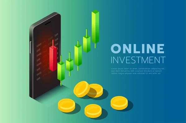 Akıllı Telefon Şamdan Grafikleri Altın Sikkeler Ile Çevrimiçi Yatırım Yatırım — Stok Vektör