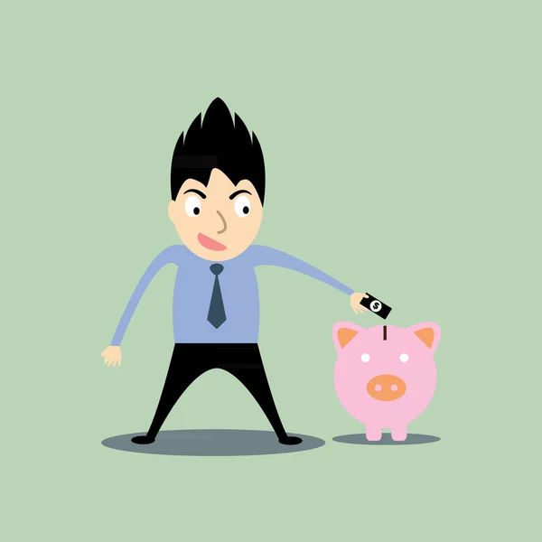 Homem de negócios colocando dinheiro no porquinho — Vetor de Stock