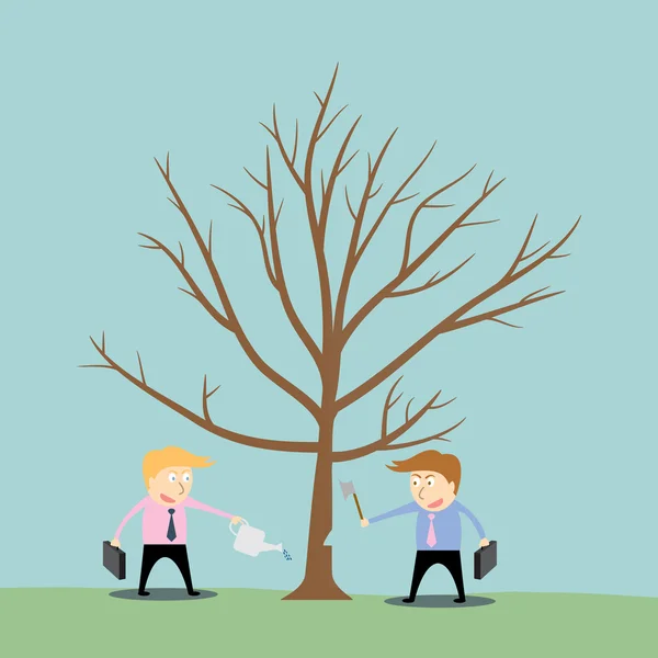 Hombre de negocios árbol de corte de la competencia — Vector de stock