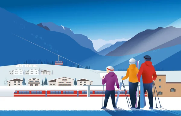 Familia Joven Una Estación Esquí Con Telón Fondo Pueblo Alpino — Archivo Imágenes Vectoriales