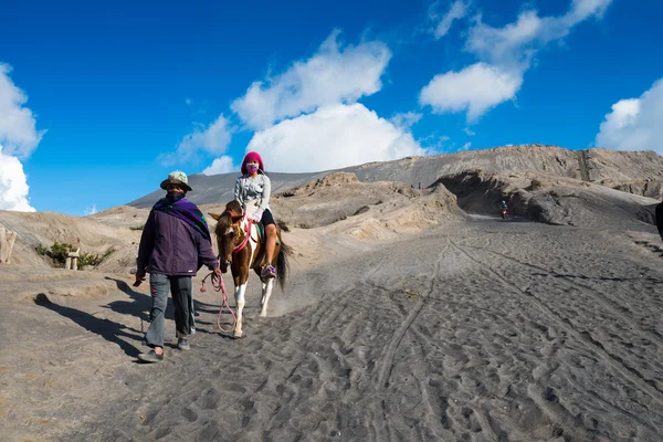 Turistas montam o cavalo no vulcão Mount Bromo — Fotografia de Stock