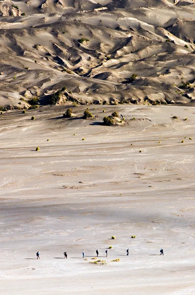 Turistas caminan pasando por el mar de arena en los volcanes del Monte Bromo — Foto de Stock