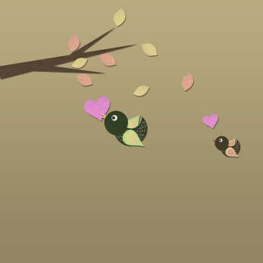 Kağıt kalp ve ağaç ile uçan kuşlar