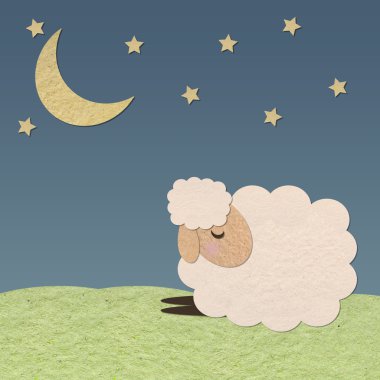 schapen in de boerderij en de maan papieren ambachtelijke stok op kleur backg