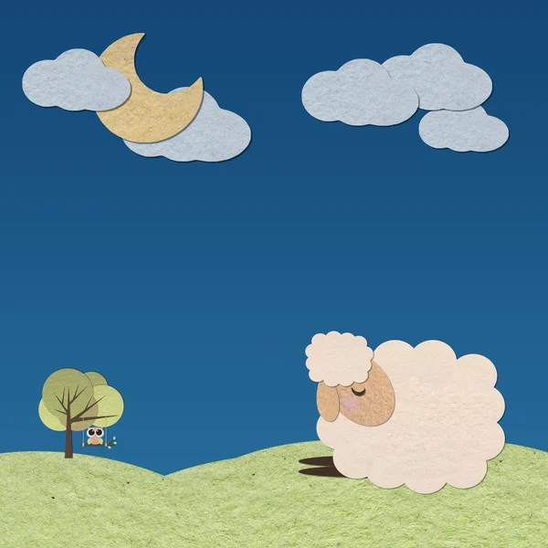 Sheep in the farm with the moon paper craft stick on color backg — Stock Photo, Image