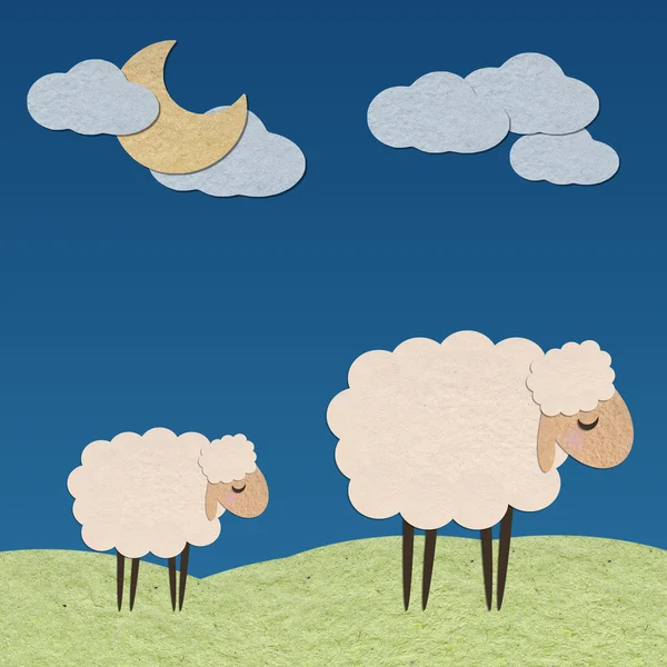 Sheep in the farm with the moon paper craft stick on color backg — Stock Photo, Image