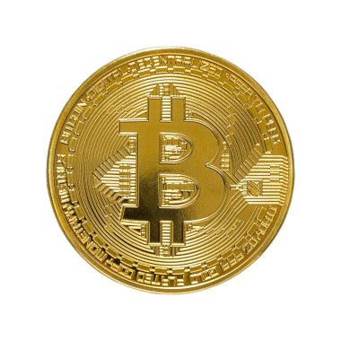 Beyaz zemin üzerine Bitcoin. Kripto para birimi ve blok zinciri teknolojisi için kavramsal tasarım..