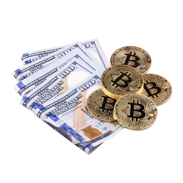 Bitcoins Und Dollarbank Auf Weißem Hintergrund Konzeptdesign Für Die Technologie — Stockfoto